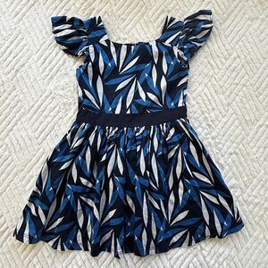 Okaidi Girls Size 5Y Blue Leaf Print Dress Flutter Sleeve Lined Cotton